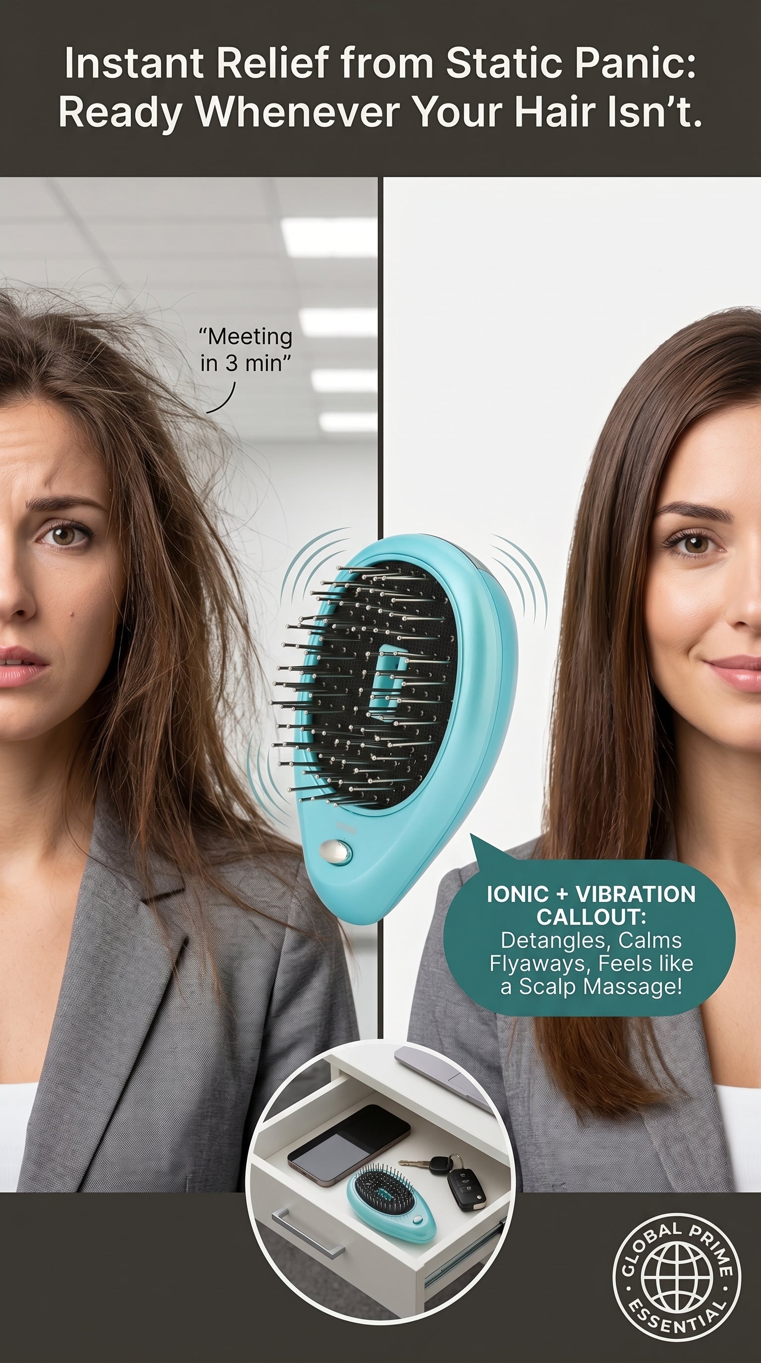Anti‑Static Ionic Vibrating Hair Brush – Frizz‑Reducing Detangler & Scalp Massager