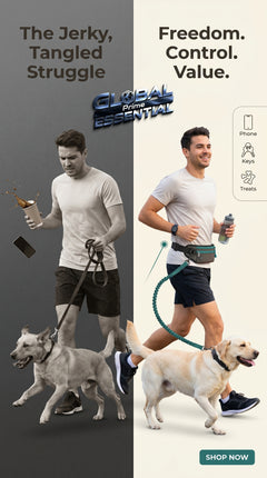 Hands-free dog leash by Global Prime Essential, showing a dog owner running with the leash attached for hands-free walking.
