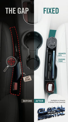 Global Prime Essential Car Seat Gap Organizer and Filler shown in a vehicle, designed to prevent items from falling between seats.