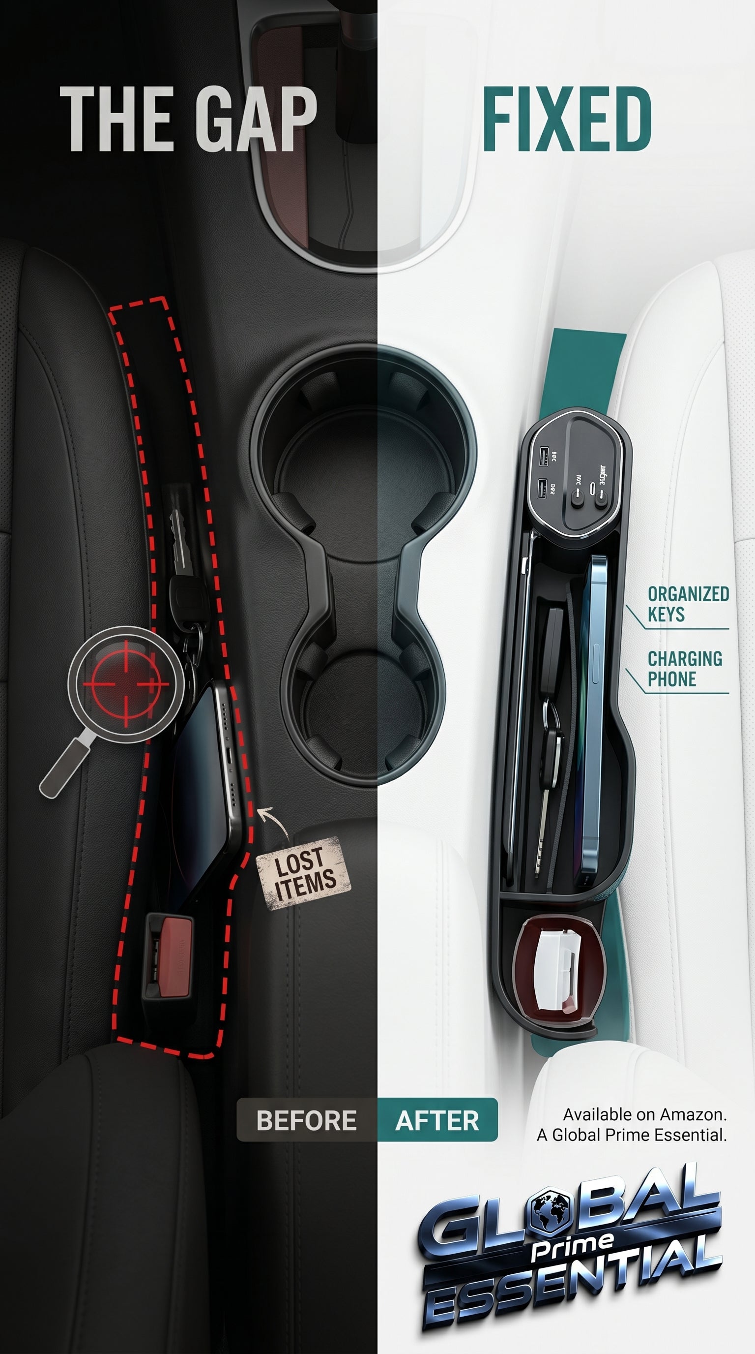 Global Prime Essential Car Seat Gap Organizer and Filler shown in a vehicle, designed to prevent items from falling between seats.