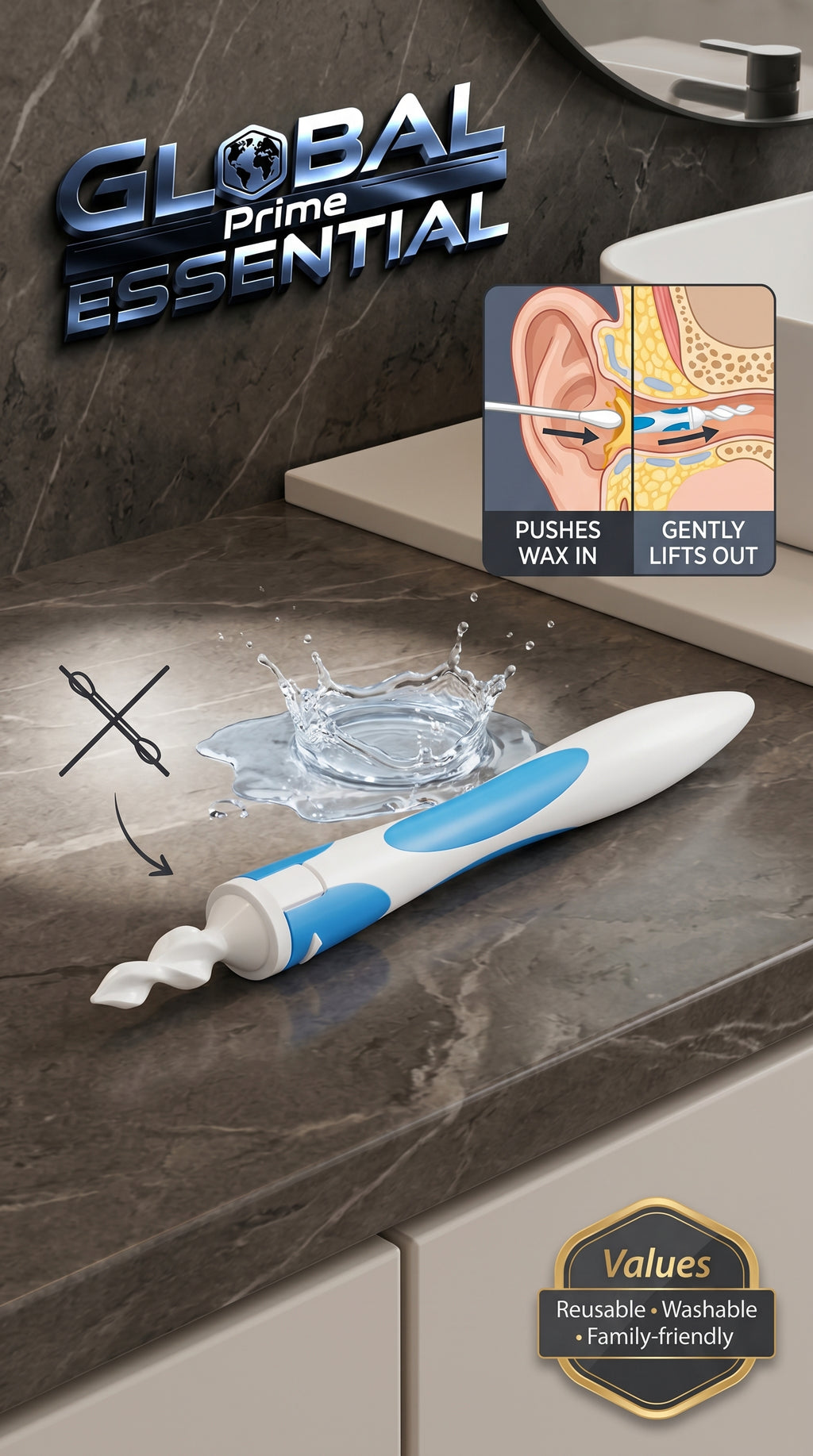 Global Prime Essential silicone ear cleaner for gentle, safe wax removal and ear care.