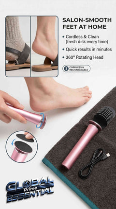 Global Prime Essential electric rechargeable pedicure file with 360° rotating head and callus remover for smooth feet at home