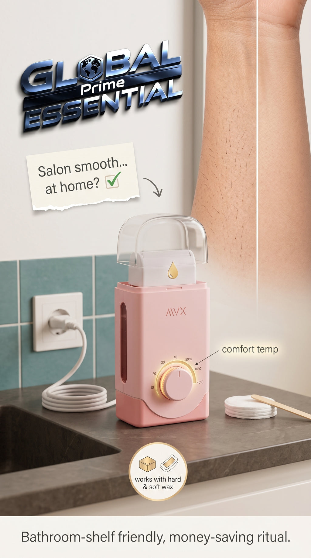 Global Prime Essential depilatory wax heater for salon-smooth skin, showing a compact at-home wax warmer on a countertop.