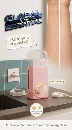 Global Prime Essential depilatory wax heater for salon-smooth skin, showing a compact at-home wax warmer on a countertop.