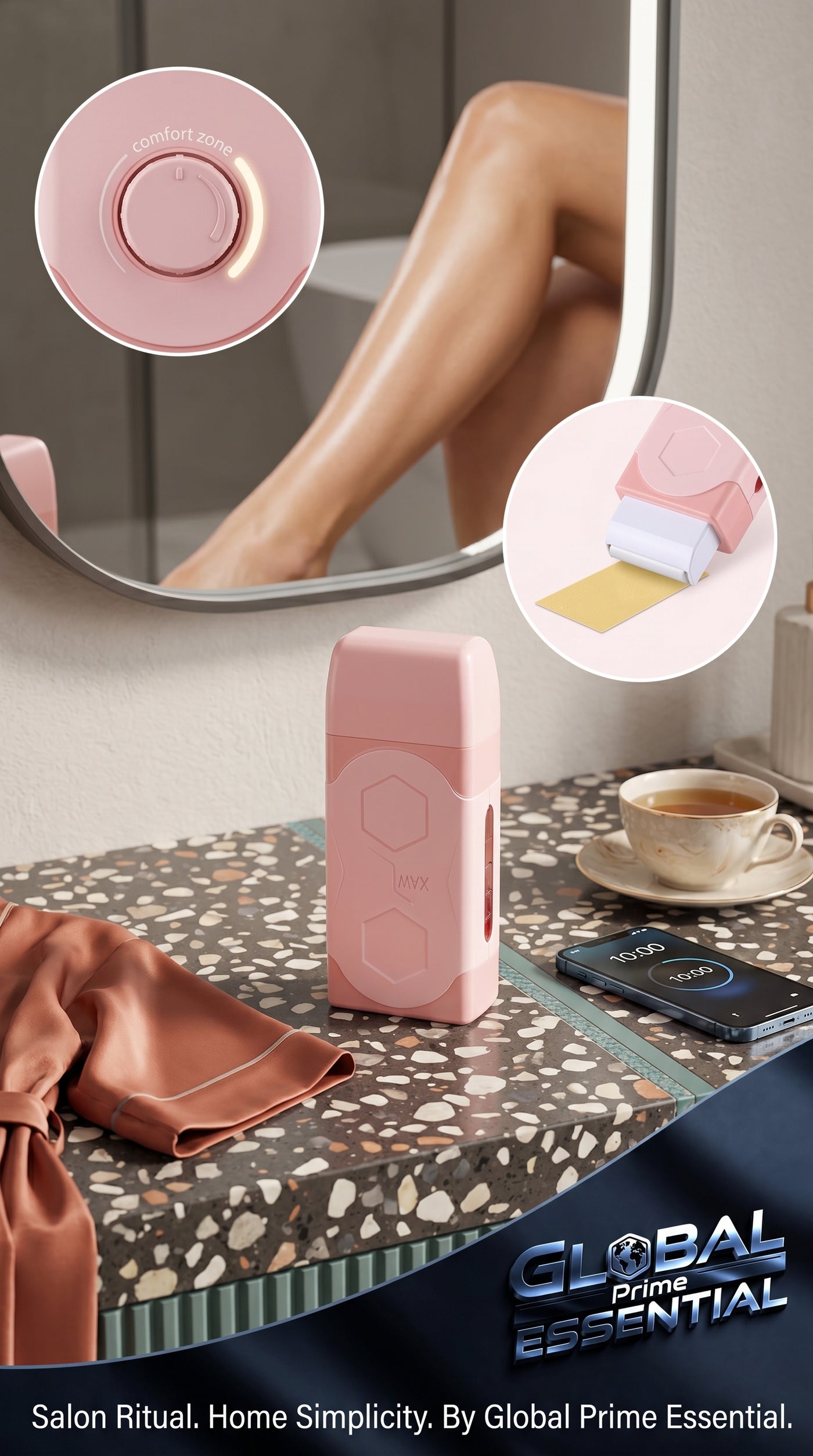 Global Prime Essential depilatory wax heater for at-home salon-smooth waxing results, featuring a sleek, easy-to-use wax warmer.