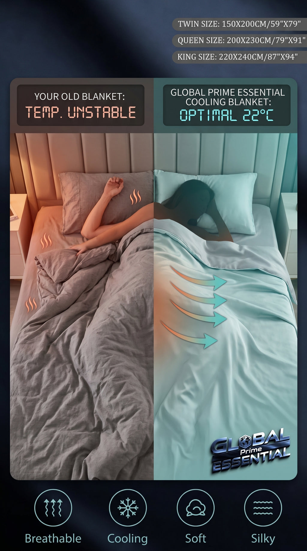 Global Prime Essential cooling blanket spread out on a bed, showcasing soft, breathable fabric for a comfortable night's sleep.