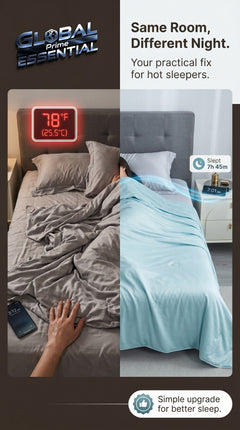 Global Prime Essential cooling blanket spread on a bed, designed to keep you cool and comfortable for a restful night's sleep.