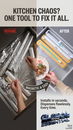 Global Prime Essential foil and plastic wrap organizer holding kitchen wraps neatly stored in a tidy kitchen drawer