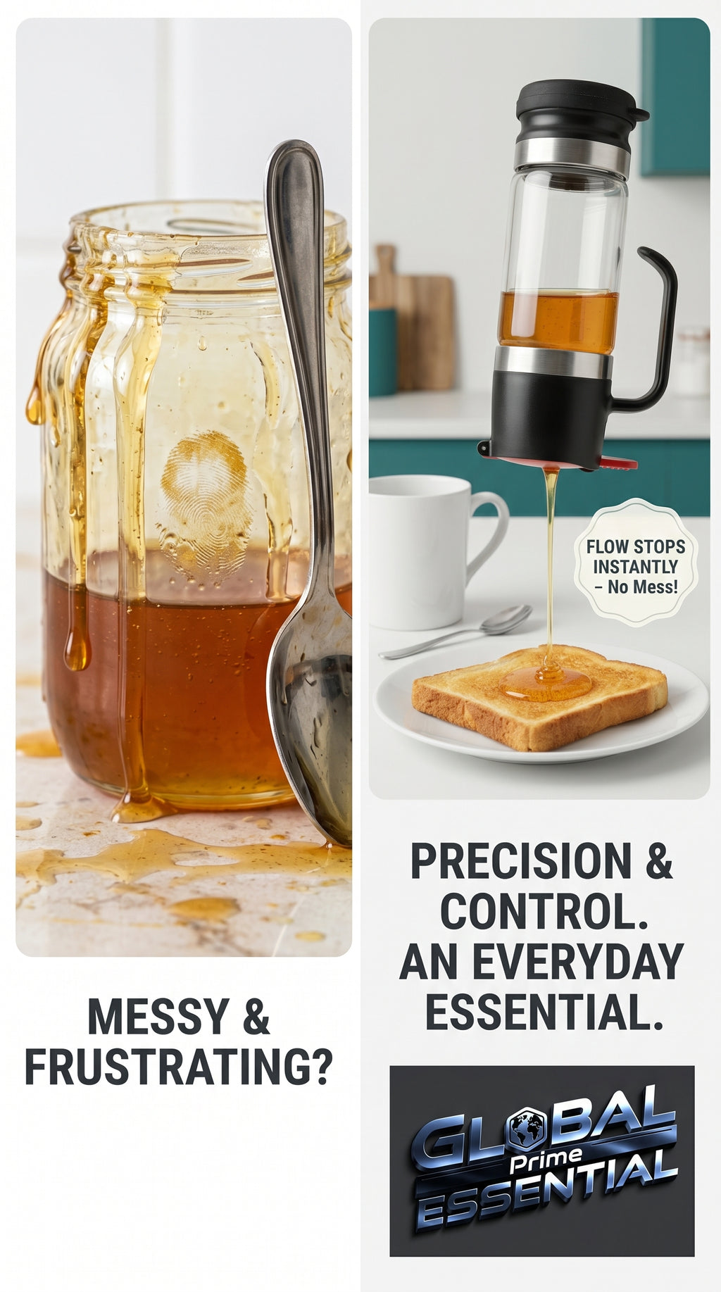 Global Prime Essential honey dispenser with handle and no-drip spout for easy, mess-free honey serving.
