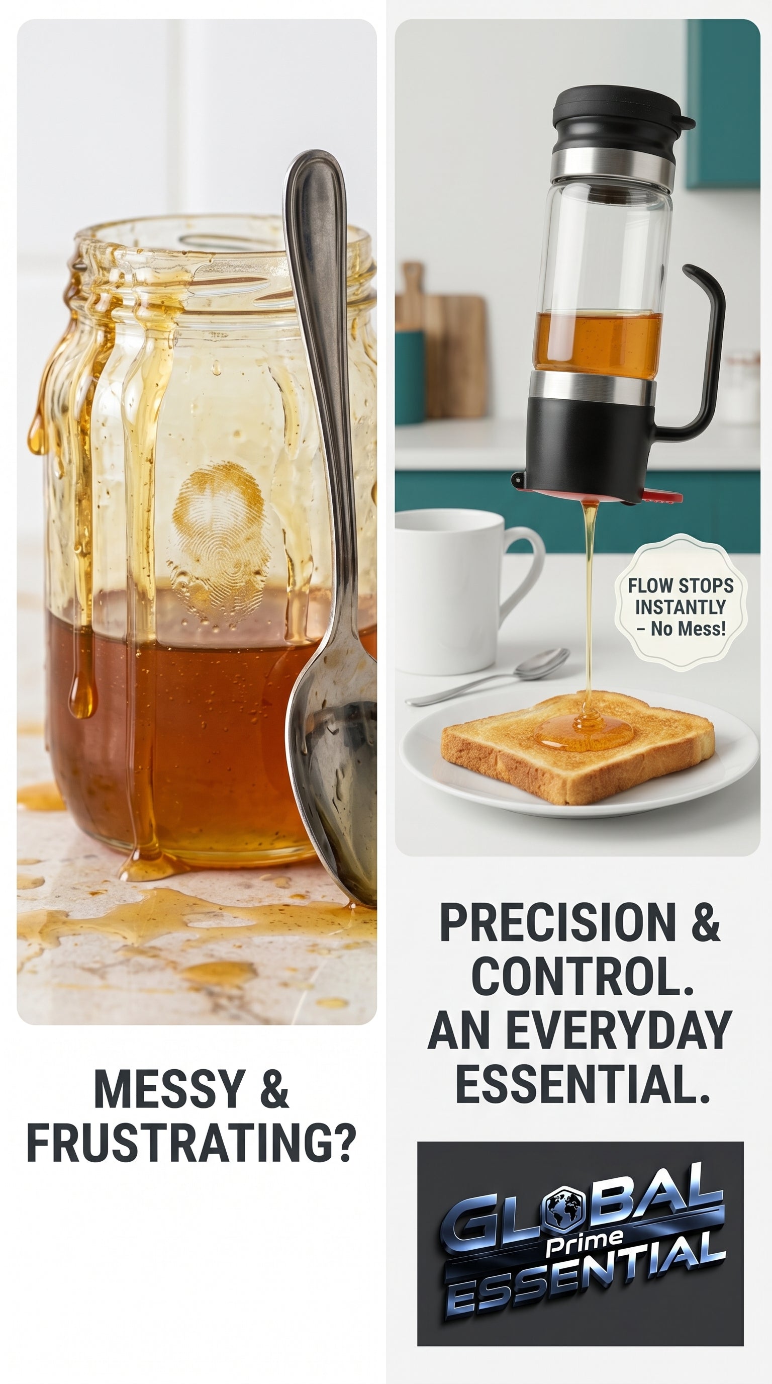 Global Prime Essential honey dispenser with handle and no-drip spout for easy, mess-free honey serving.