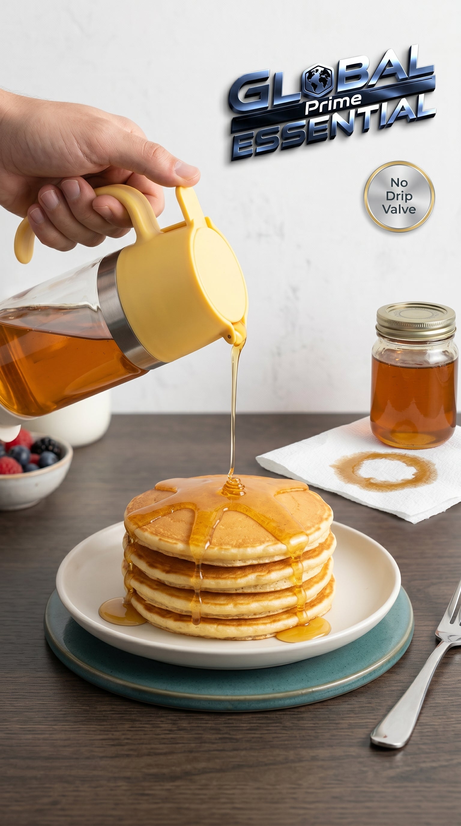 Global Prime Essential honey dispenser with handle and no-drip spout for easy, mess-free honey pouring.