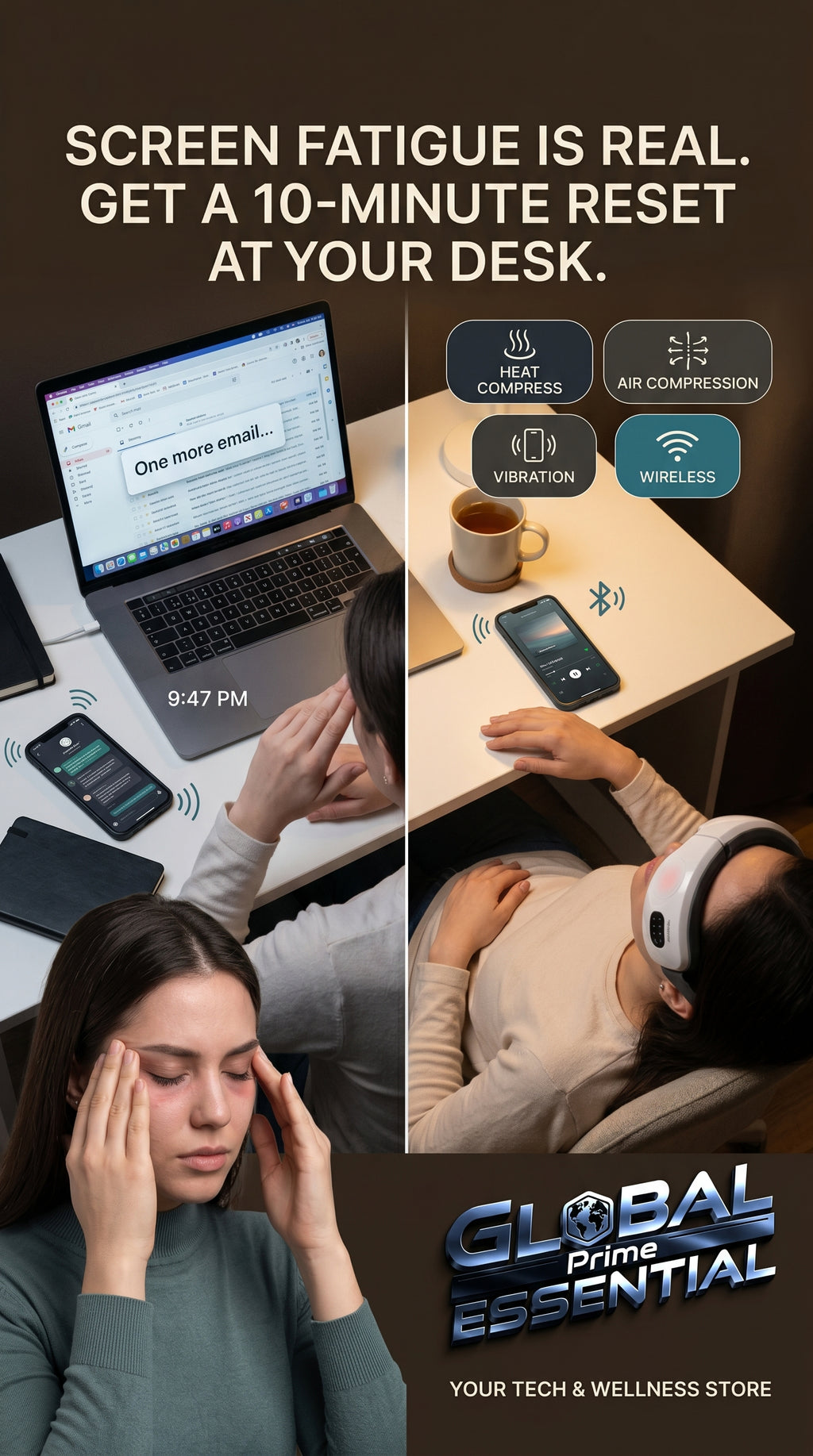 Global Prime Essential electric eye massager with screen strain relief feature, designed for 10-minute desk reset sessions.