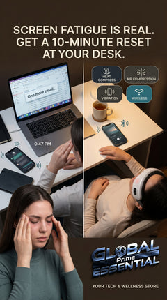 Global Prime Essential electric eye massager with screen strain relief feature, designed for 10-minute desk reset sessions.