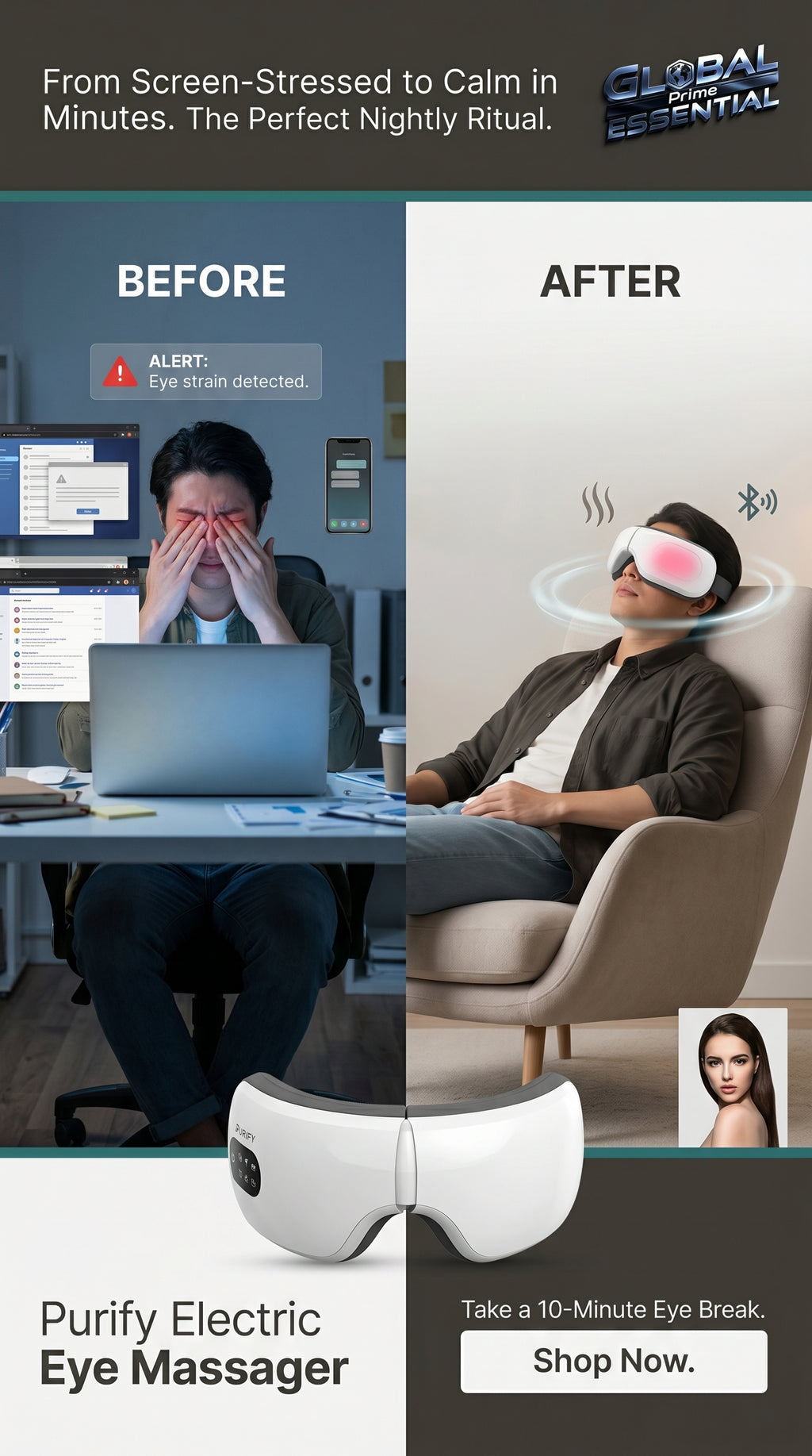 Global Prime Essential electric eye massager displaying calming screen to relieve eye strain and promote relaxation.