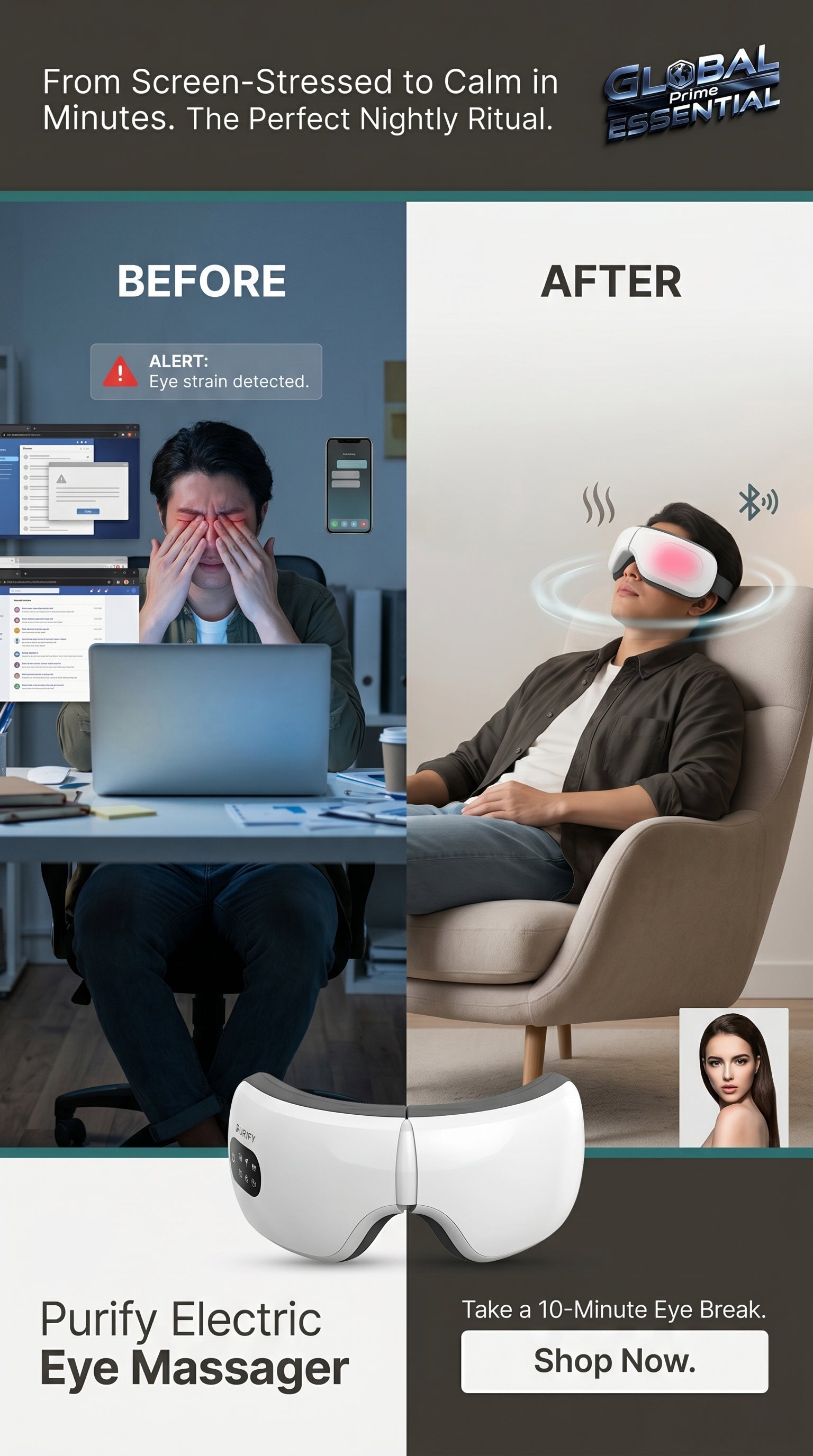 Global Prime Essential electric eye massager displaying calming screen to relieve eye strain and promote relaxation.