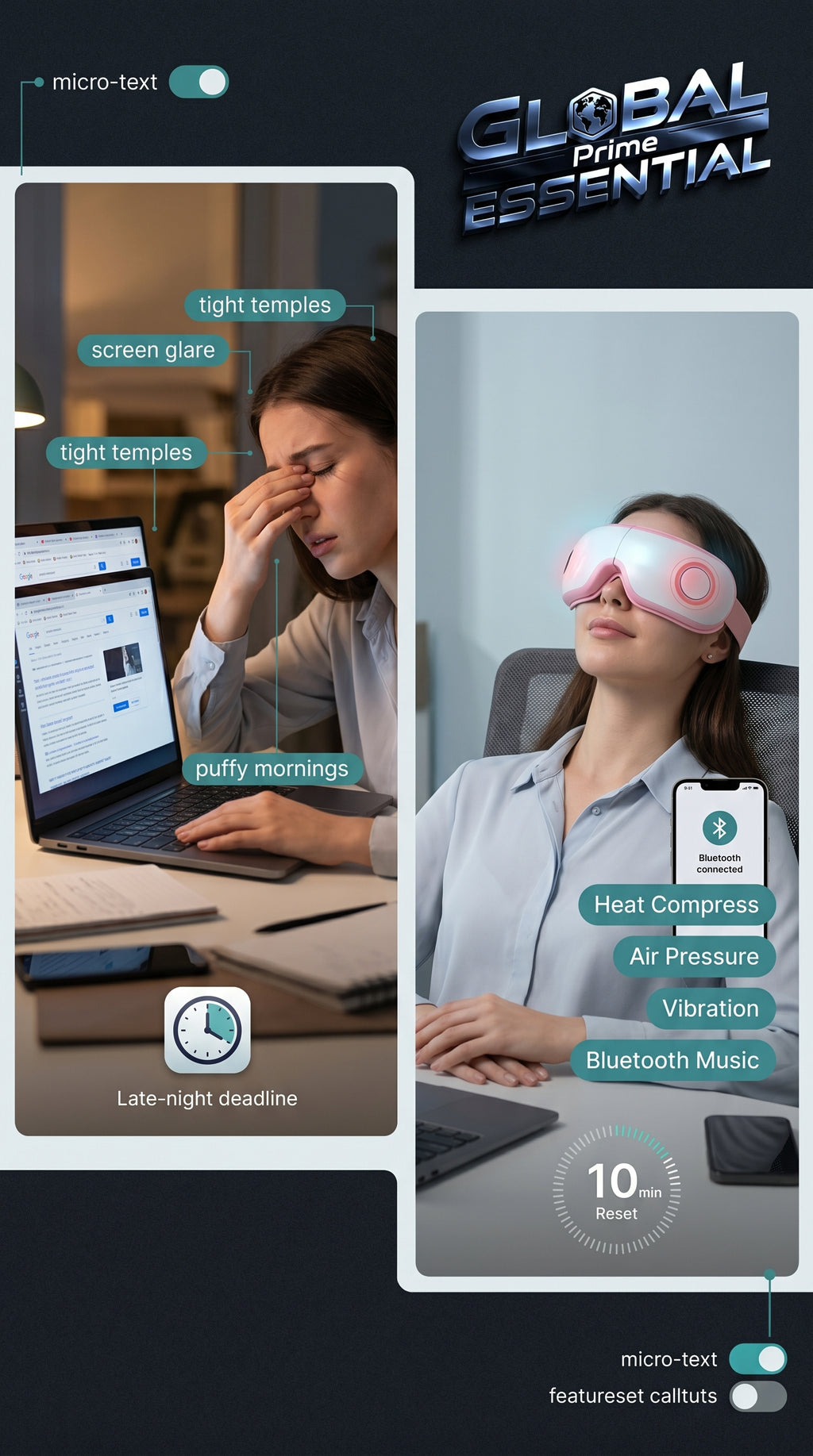 Global Prime Essential electric eye massager displaying a screen with a 10-minute eye reset program, designed to relax eye strain.