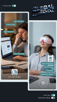 Global Prime Essential electric eye massager displaying a screen with a 10-minute eye reset program, designed to relax eye strain.