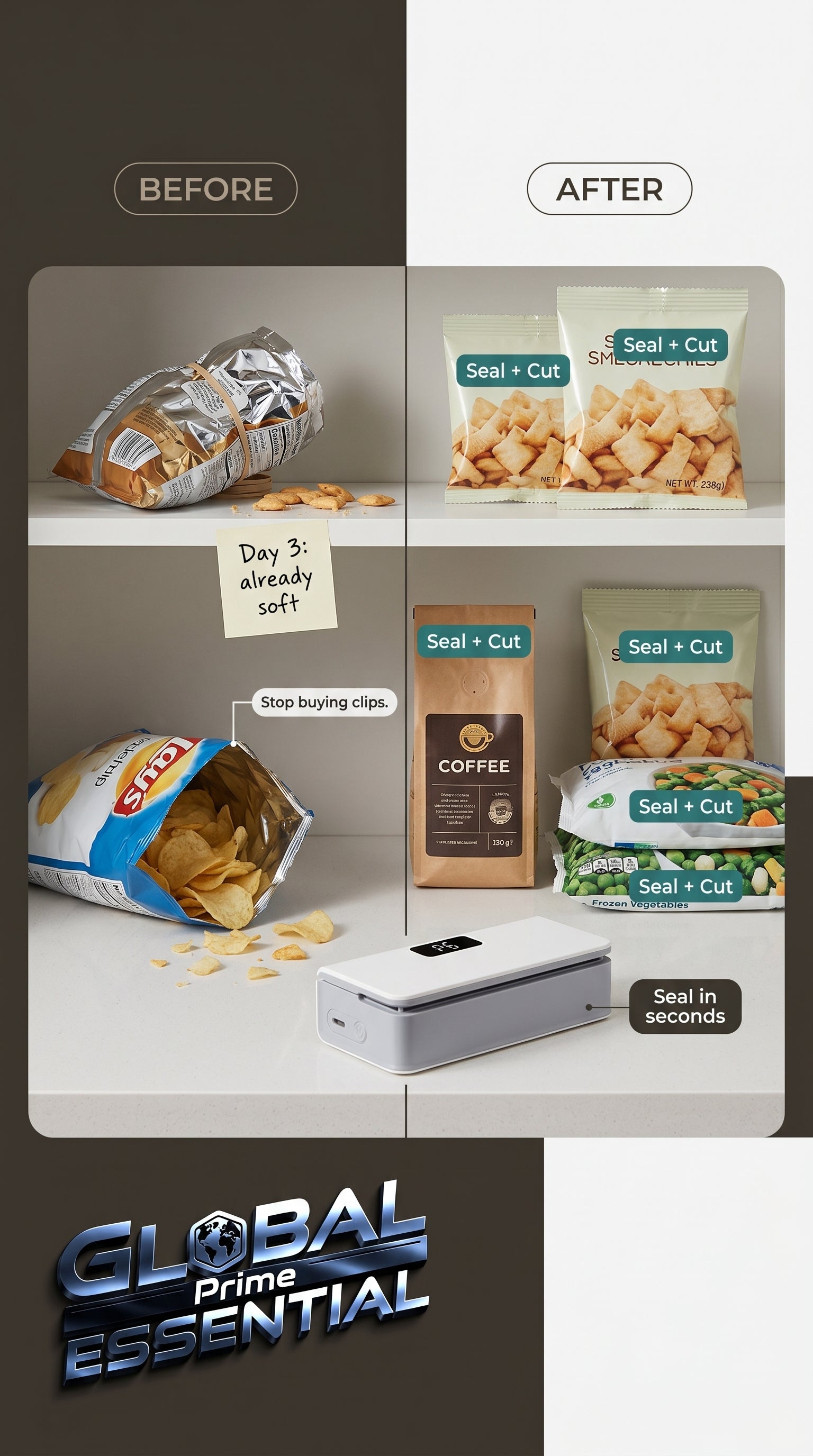 Global Prime Essential kitchen bag sealer sealing food bags to keep items fresh and prevent waste.