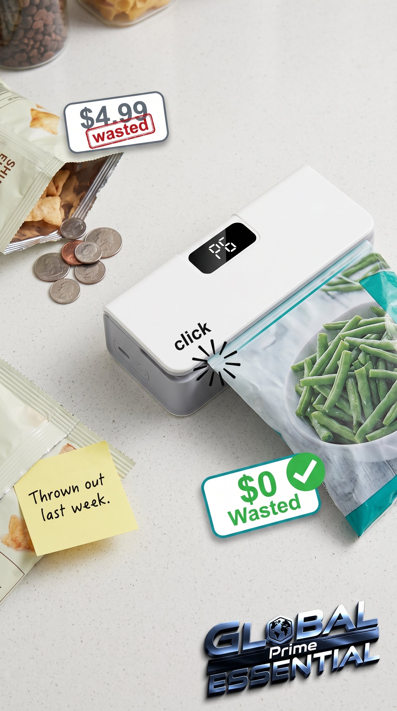 Global Prime Essential kitchen bag sealer sealing a plastic bag to keep food fresh and preserve leftovers.