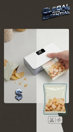 Global Prime Essential kitchen bag sealer sealing a plastic bag to keep food fresh and save money.
