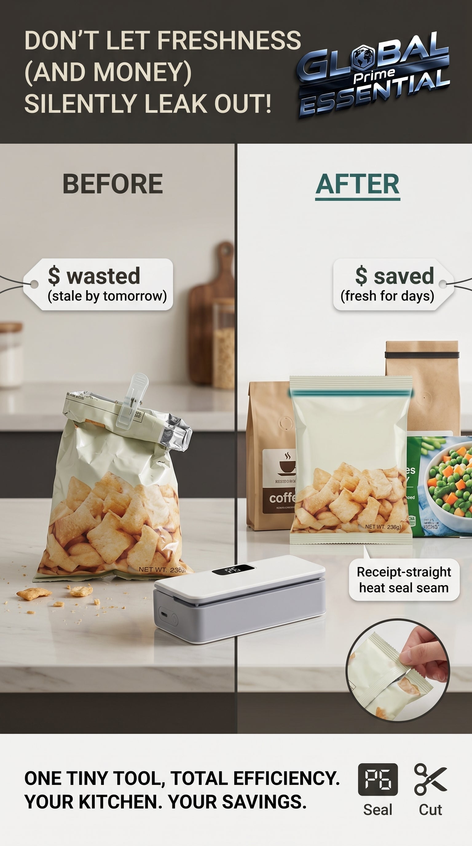 Global Prime Essential kitchen bag sealer sealing plastic bags to preserve freshness and prevent waste instantly.