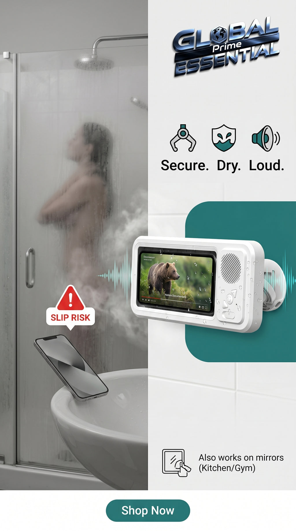 Global Prime Essential shower phone holder with built-in speaker, securely holding phone and providing loud sound for shower entertainment.