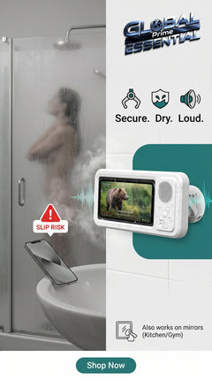 Global Prime Essential shower phone holder with built-in speaker, securely holding phone and providing loud sound for shower entertainment.