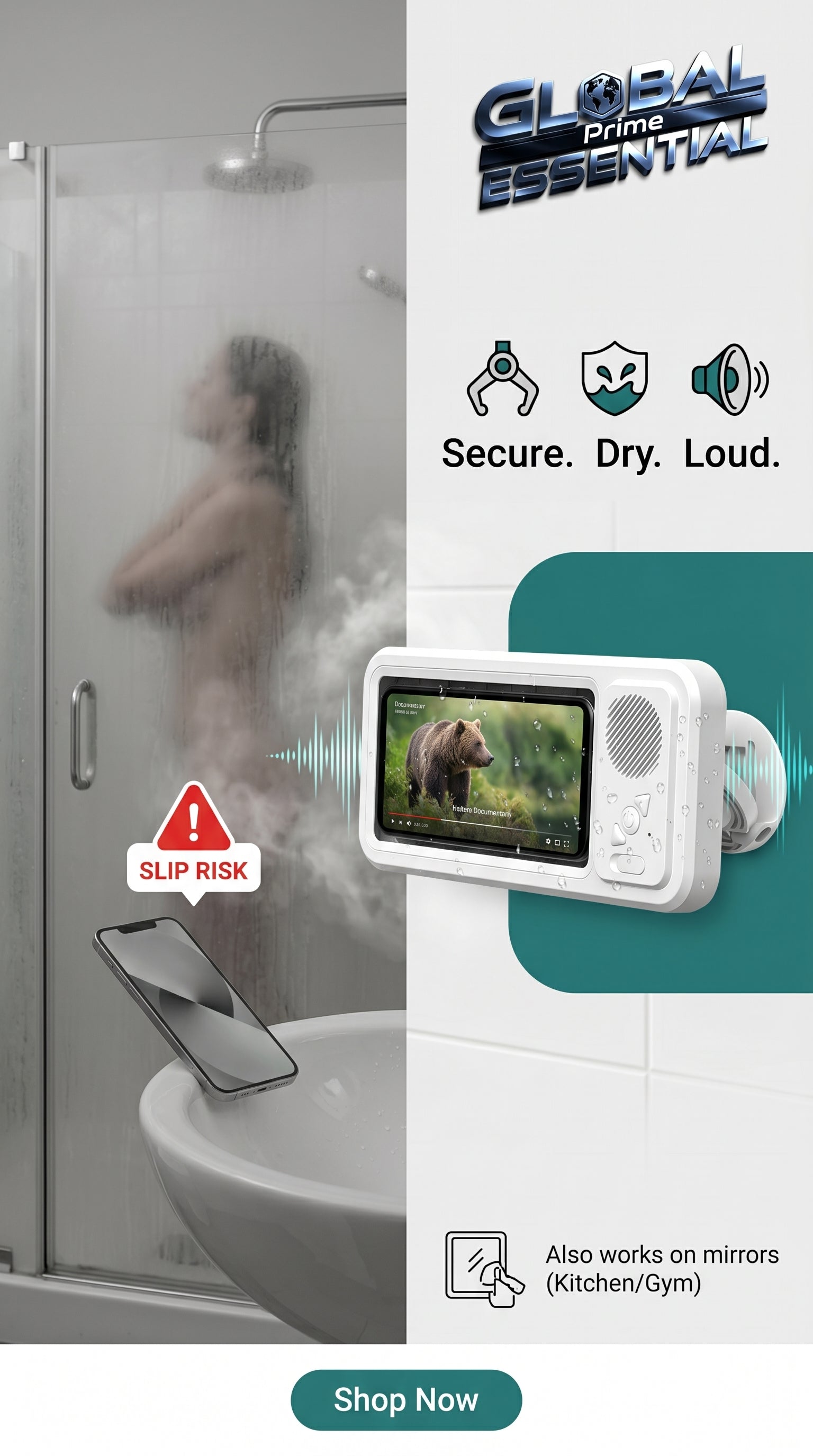 Global Prime Essential shower phone holder with built-in speaker, securely holding phone and providing loud sound for shower entertainment.