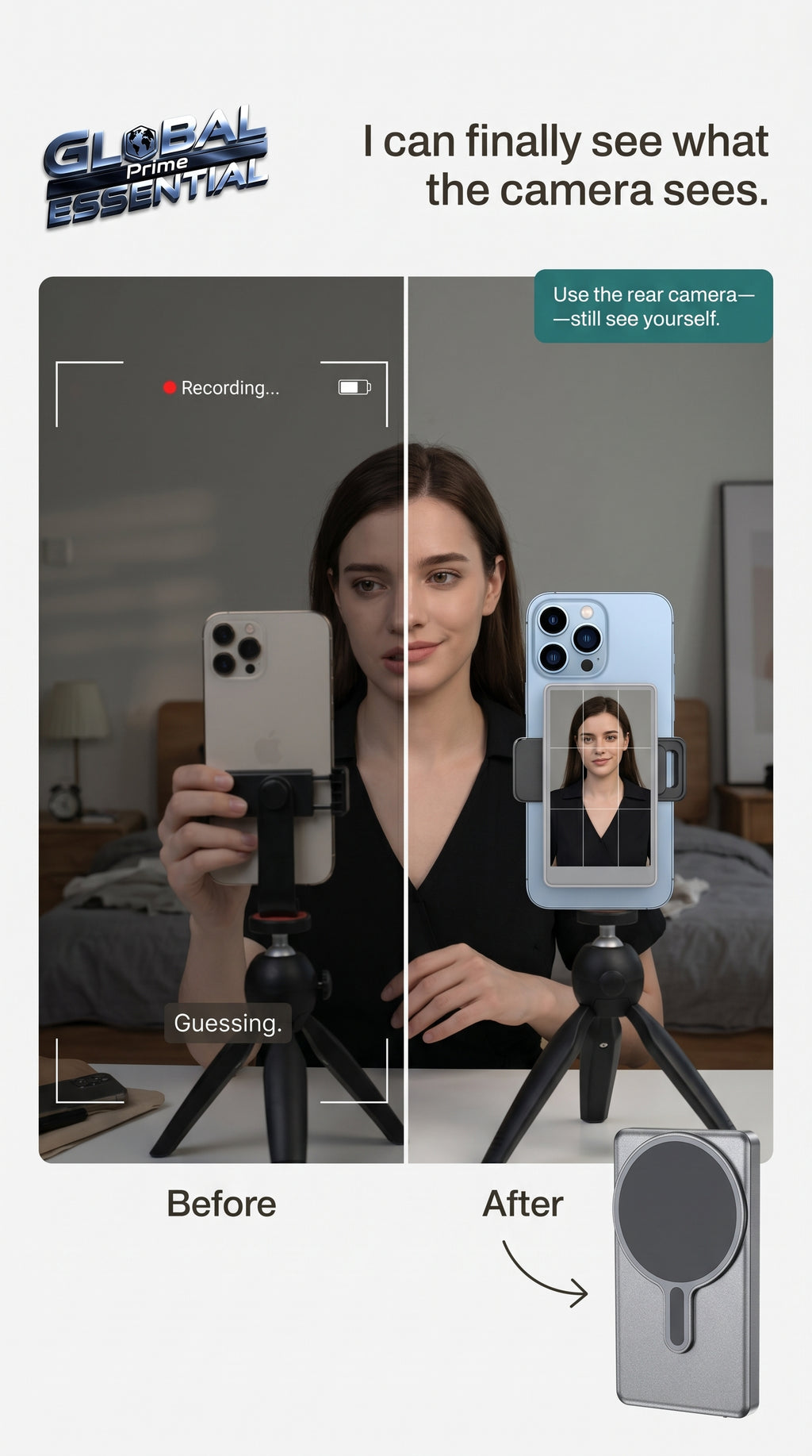 Global Prime Essential Vlog Selfie Monitor screen for iPhone showing a person using the rear camera for filming or vlogging.