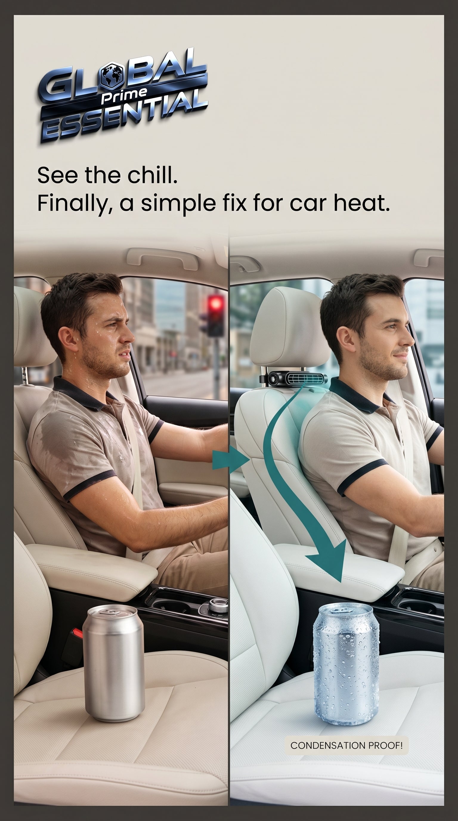 Global Prime Essential cooling car seat fan shown in use, providing refreshing airflow for driver and passenger comfort.