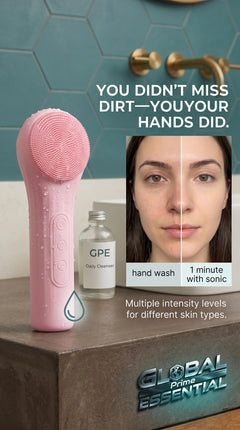 Global Prime Essential Sonic waterproof facial cleansing brush with soft bristles for deep pore cleansing and smoother skin.