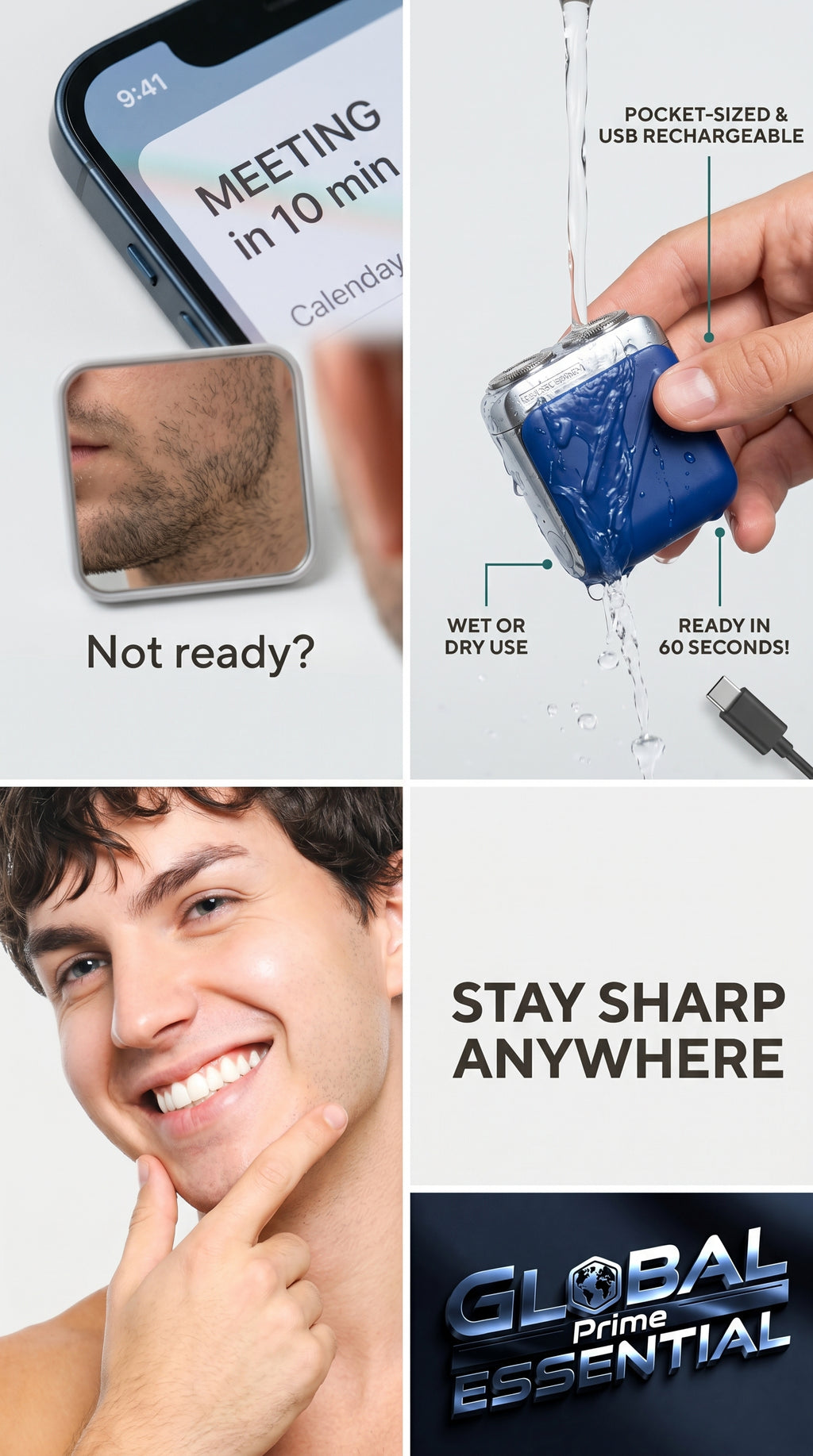 Global Prime Essential mini waterproof electric shaver with a sleek design, ready for quick and easy grooming in seconds.