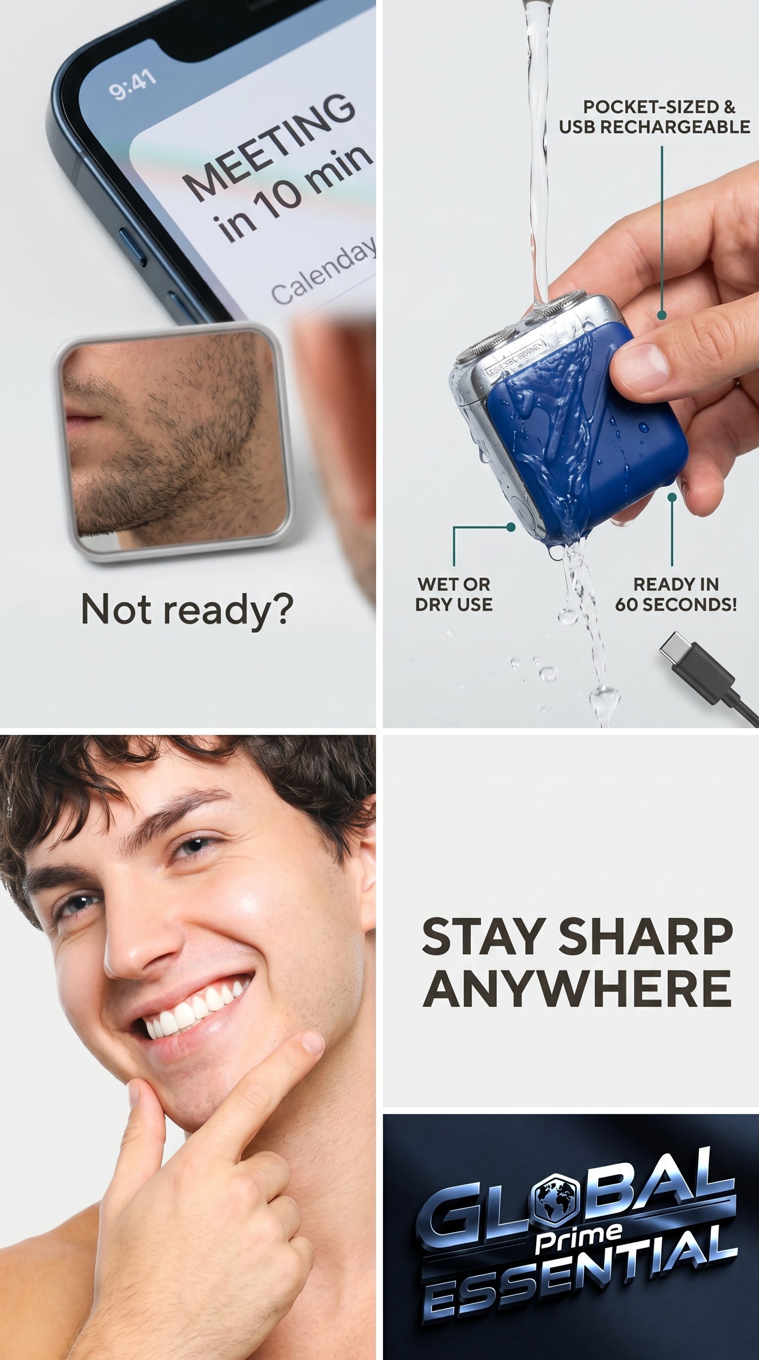 Global Prime Essential mini waterproof electric shaver with a sleek design, ready for quick and easy grooming in seconds.
