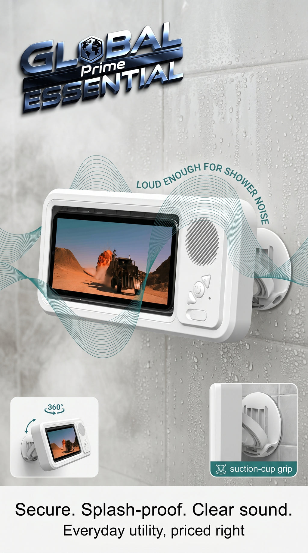 Global Prime Essential shower phone holder with built-in speaker securely holds phone and plays music in the shower.