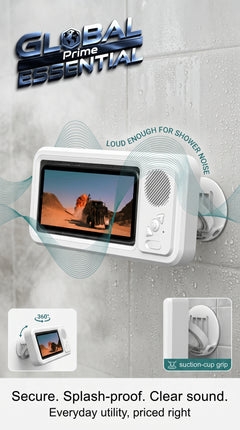 Global Prime Essential shower phone holder with built-in speaker securely holds phone and plays music in the shower.
