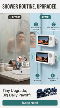 Global Prime Essential shower phone holder with built-in speaker, securely holding phone and providing waterproof sound in the shower.