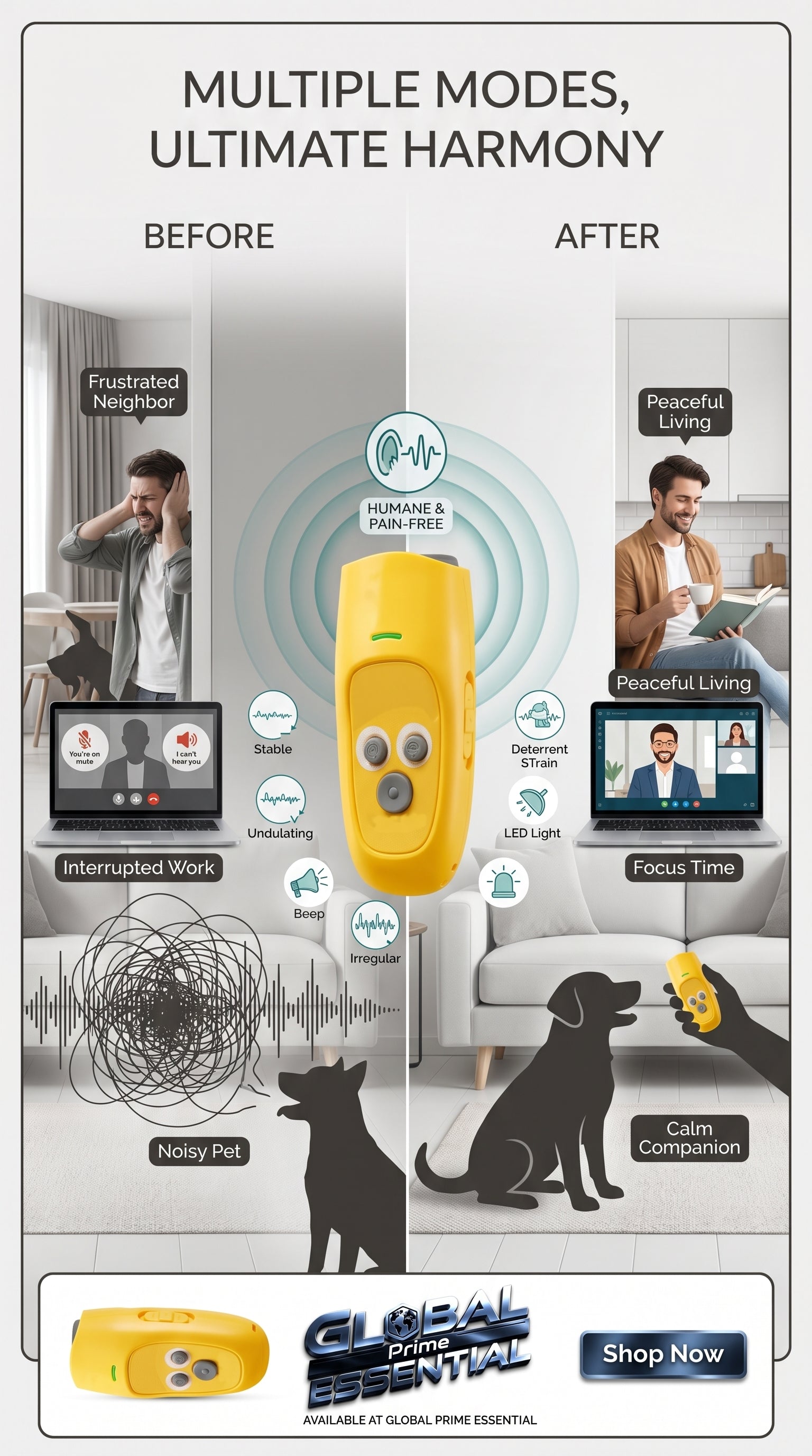 Global Prime Essential ultrasonic dog barking device emitting sound to stop excessive barking and promote peaceful behavior.