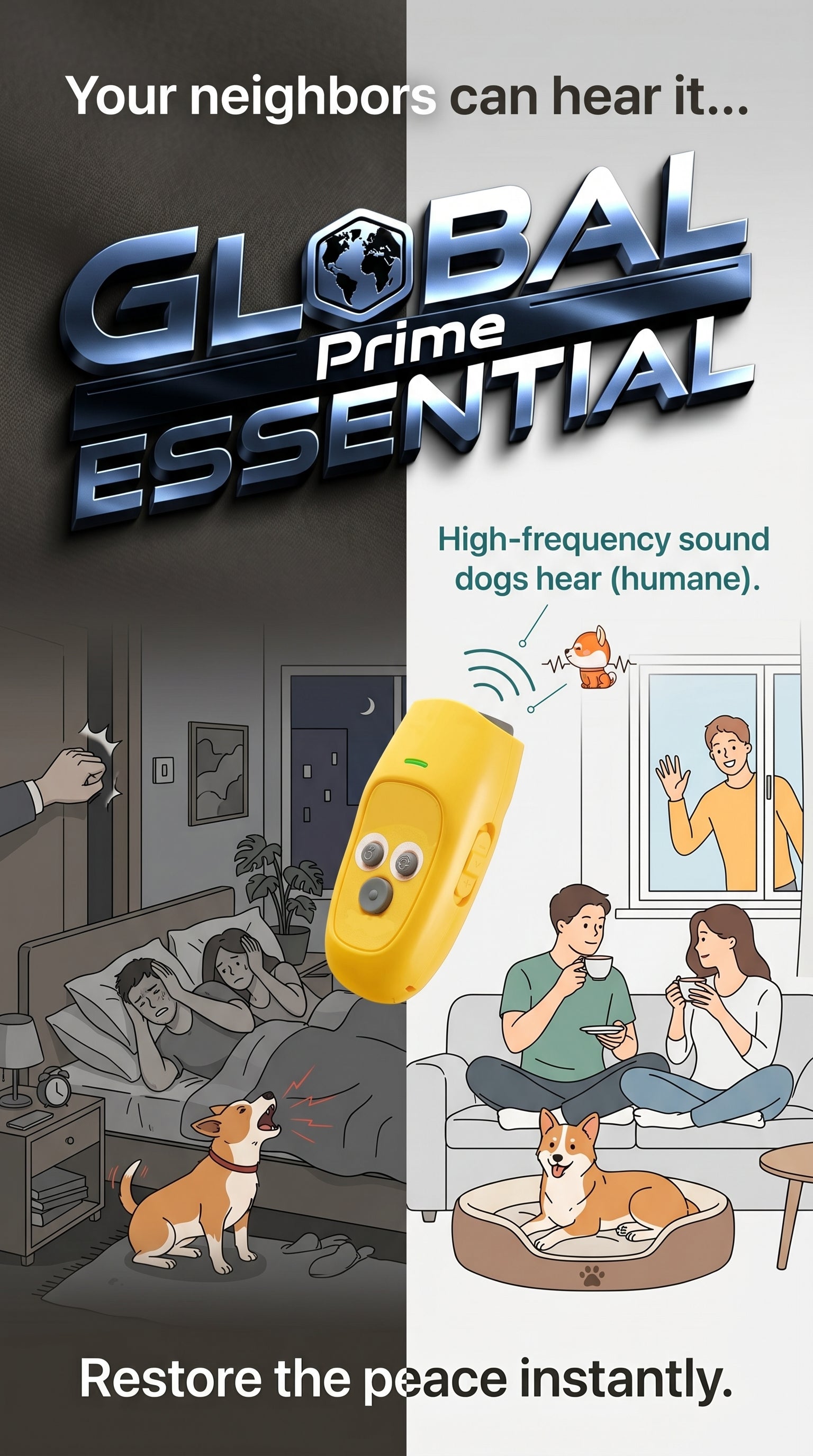 Global Prime Essential ultrasonic dog bark control device reducing barking and restoring peace at home.