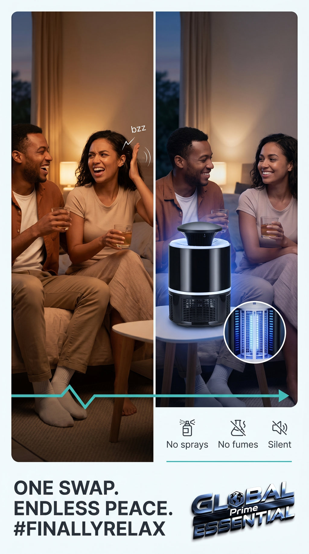 Global Prime Essential mosquito lamp emitting light to attract and eliminate mosquitoes in a quiet, effective way.