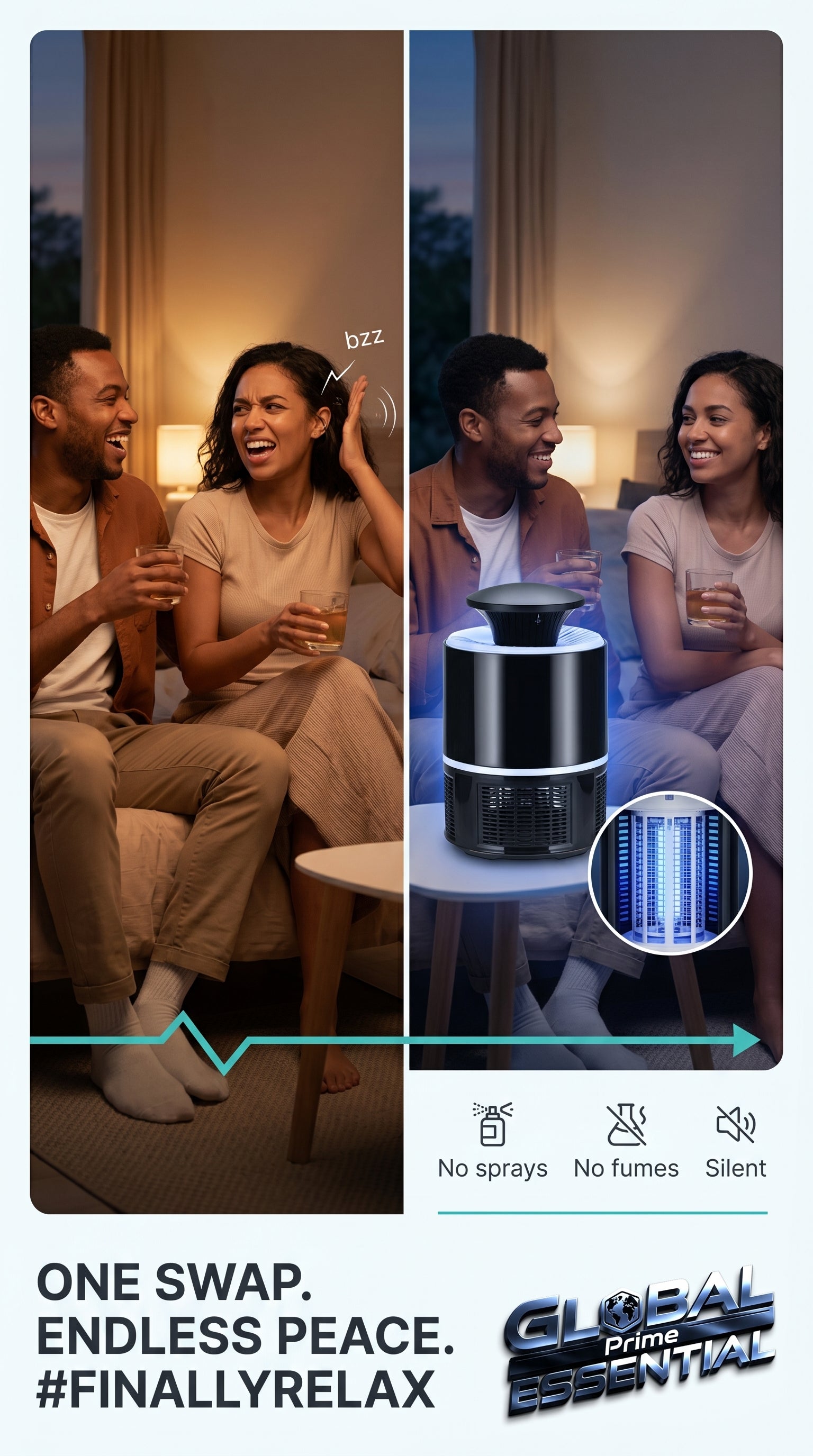 Global Prime Essential mosquito lamp emitting light to attract and eliminate mosquitoes in a quiet, effective way.