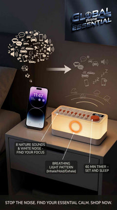 Global Prime Essential ambient sound machine with night light, nature sounds, breathing therapy, and Bluetooth speaker for relaxing sleep.