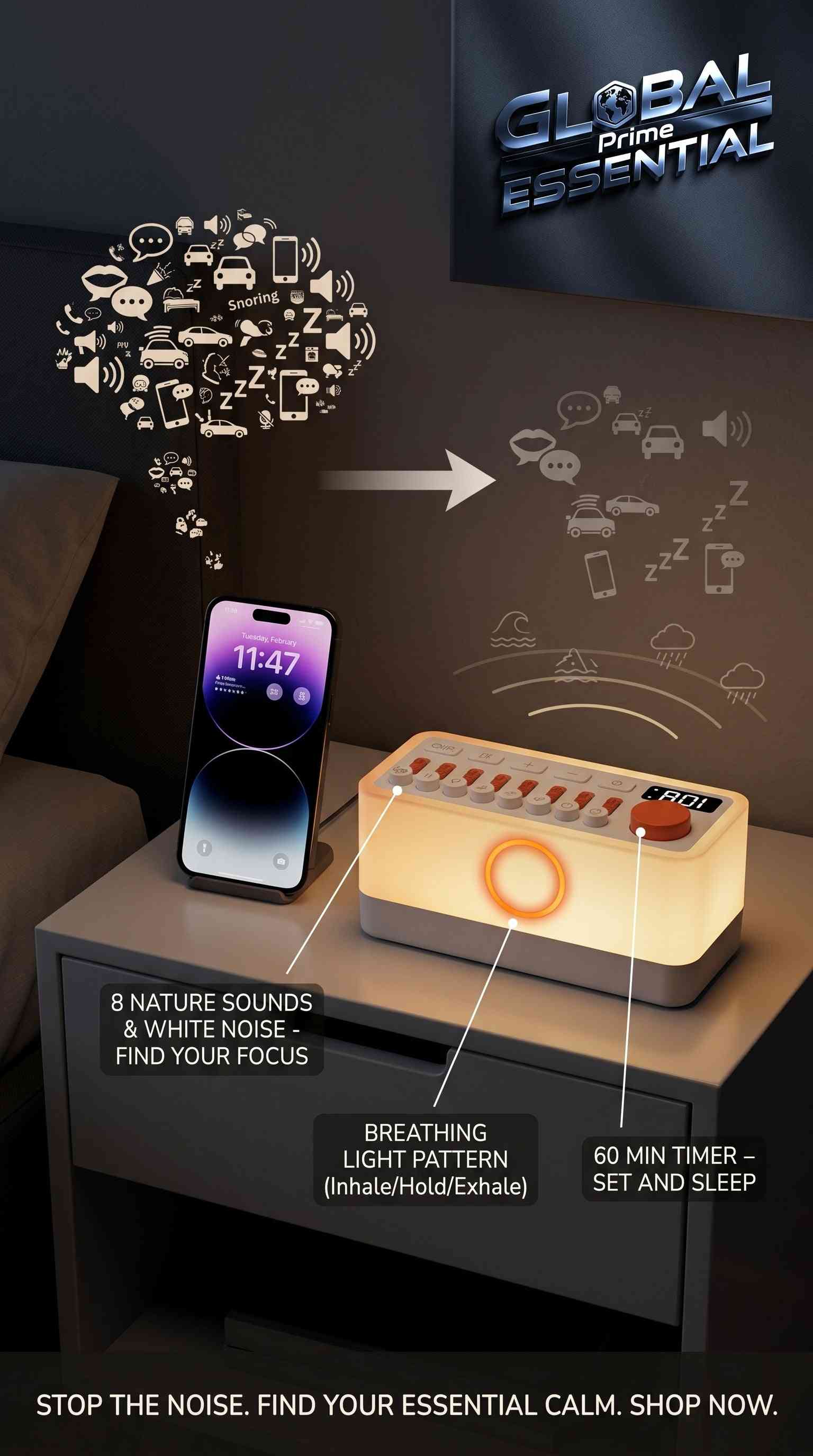 Global Prime Essential ambient sound machine with night light, nature sounds, breathing therapy, and Bluetooth speaker for relaxing sleep.