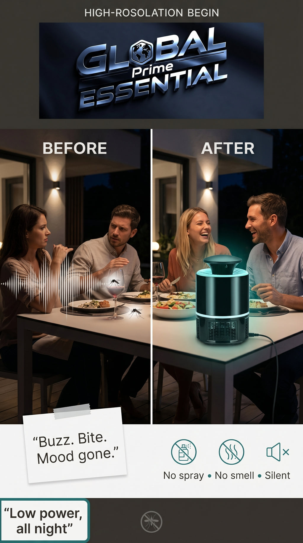 Global Prime Essential mosquito lamp emitting no buzz, designed to attract and eliminate mosquitoes silently for a peaceful night.