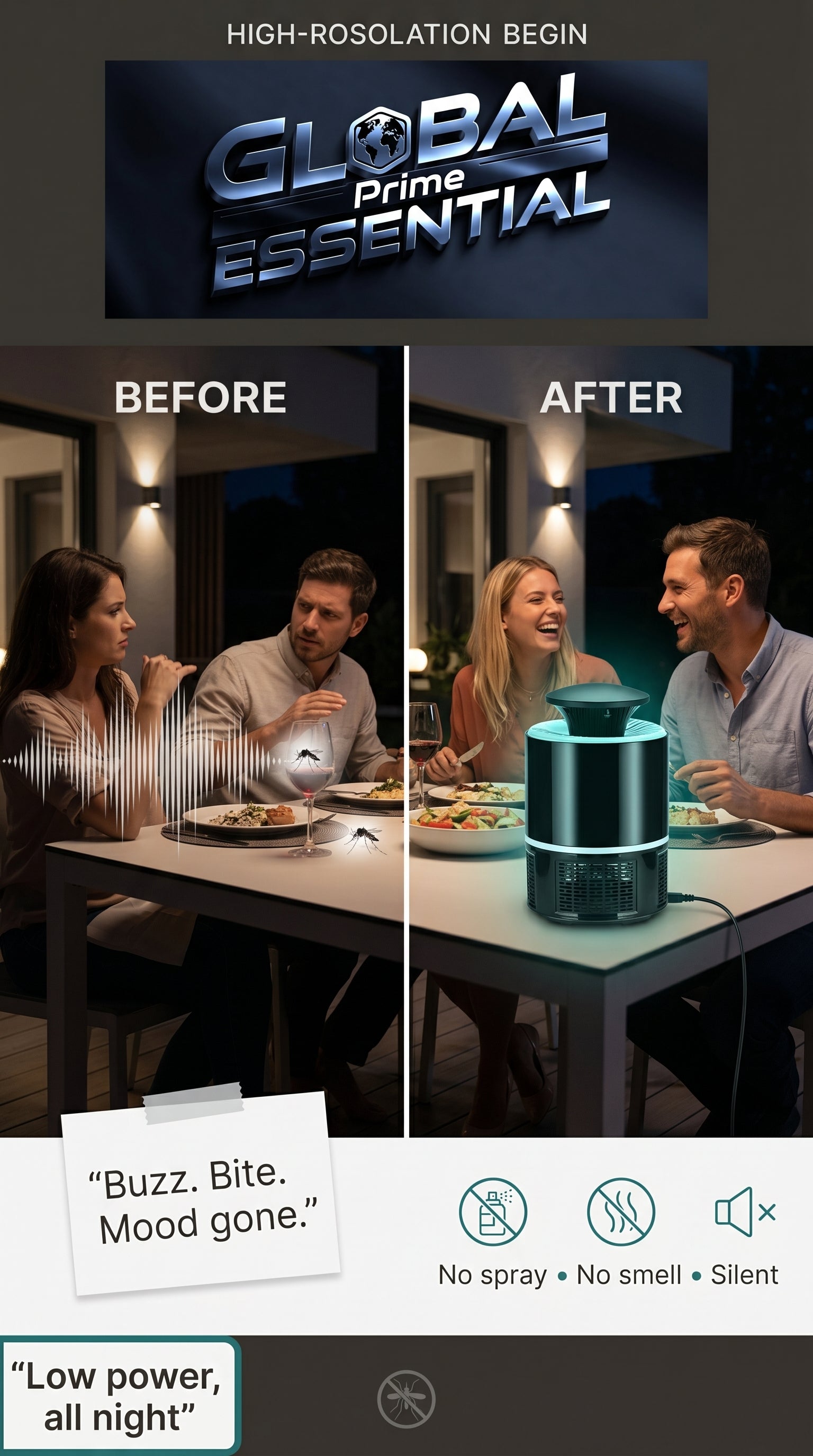 Global Prime Essential mosquito lamp emitting no buzz, designed to attract and eliminate mosquitoes silently for a peaceful night.