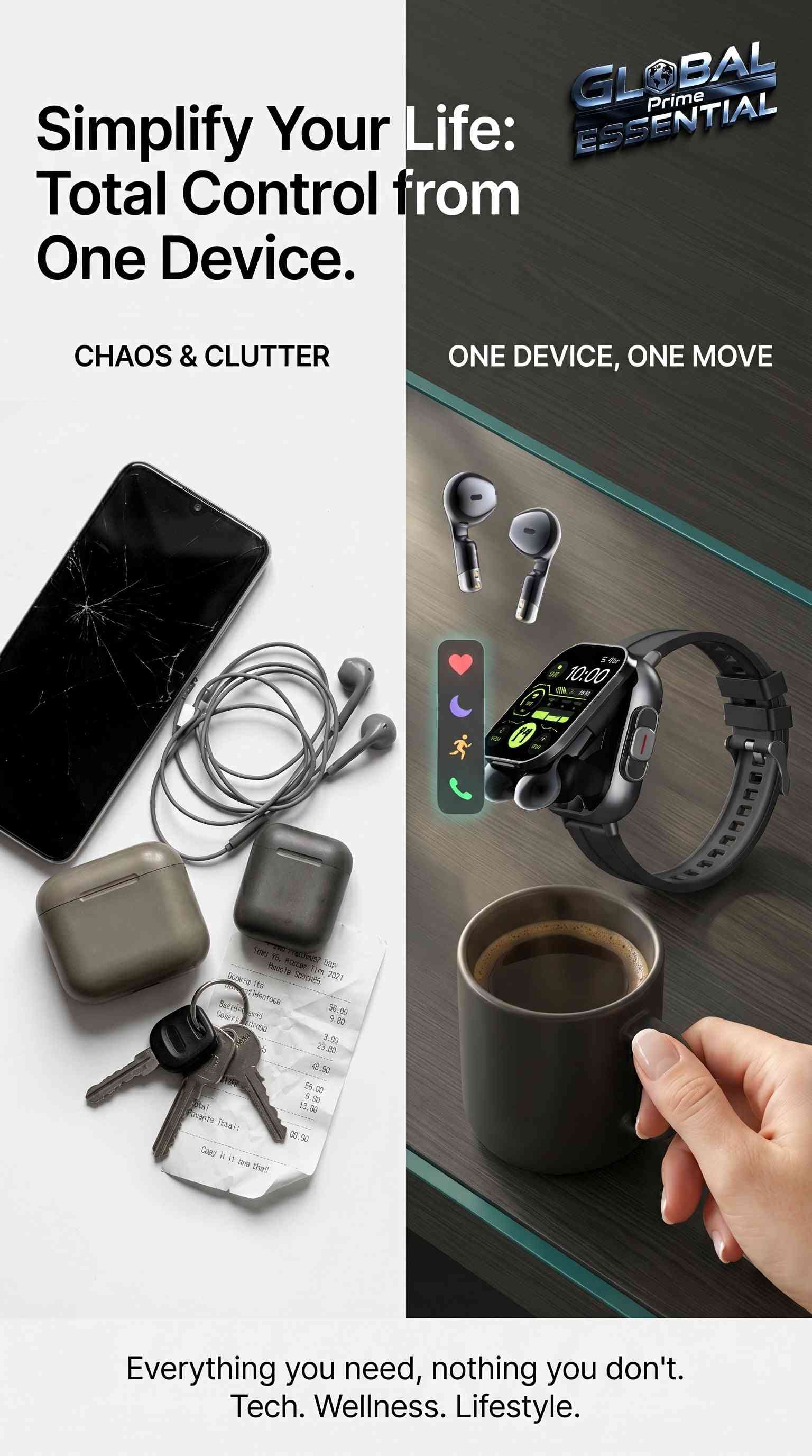 Global Prime Essential 2-in-1 smartwatch with HD screen and Bluetooth earbuds, featuring heart rate monitor and multiple sports modes.