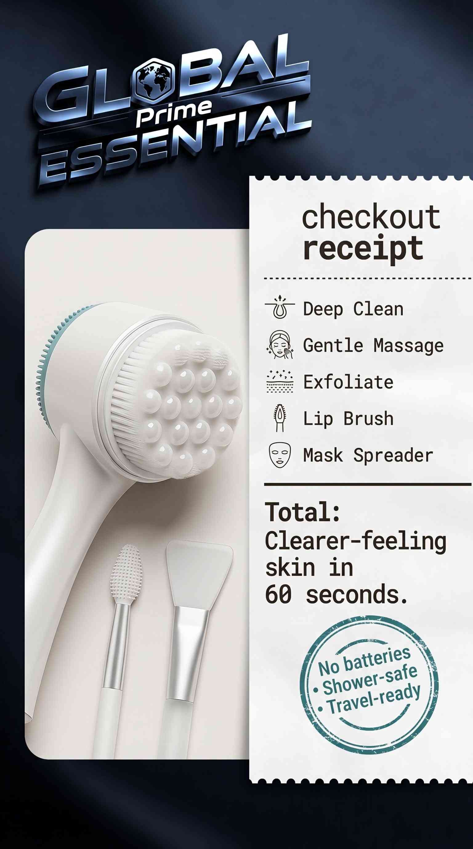 Global Prime Essential 2-in-1 silicone facial cleansing brush, deep pore cleanser, exfoliator, and massage tool for skincare.