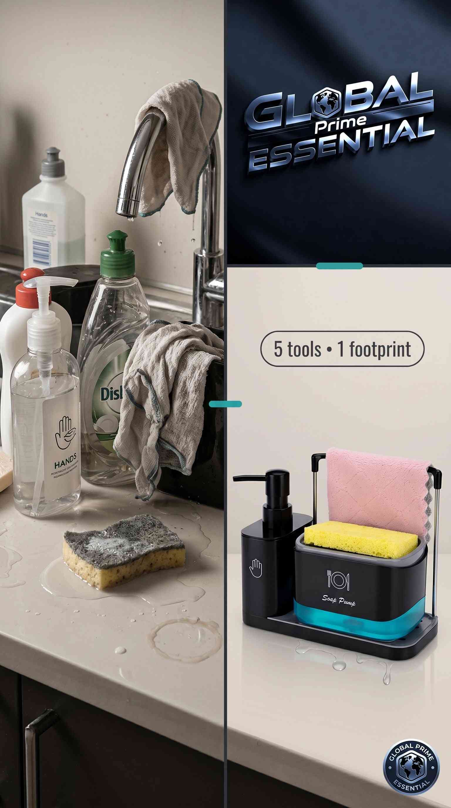 Global Prime Essential 5-in-1 soap dispenser set with dual pump, sponge holder, and draining tray for kitchen sink organization.