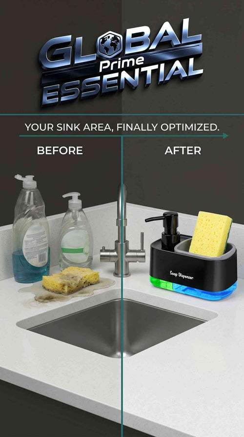 Global Prime Essential 3-in-1 dual soap dispenser with sponge holder, kitchen sink organizer, BPA-free for a tidy countertop.