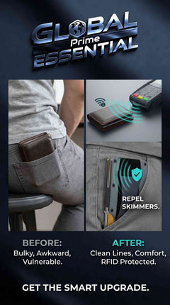 Sleek Global Prime Essential minimalist aluminum RFID blocking wallet with slim design, 15 card capacity, and cash strap in modern style.