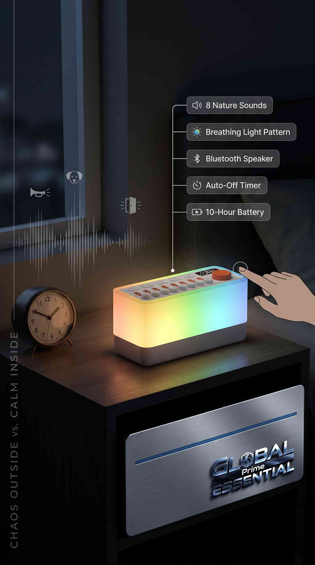Global Prime Essential ambient sound machine with 8 nature sounds, night light, breathing therapy, and Bluetooth speaker for restful sleep.